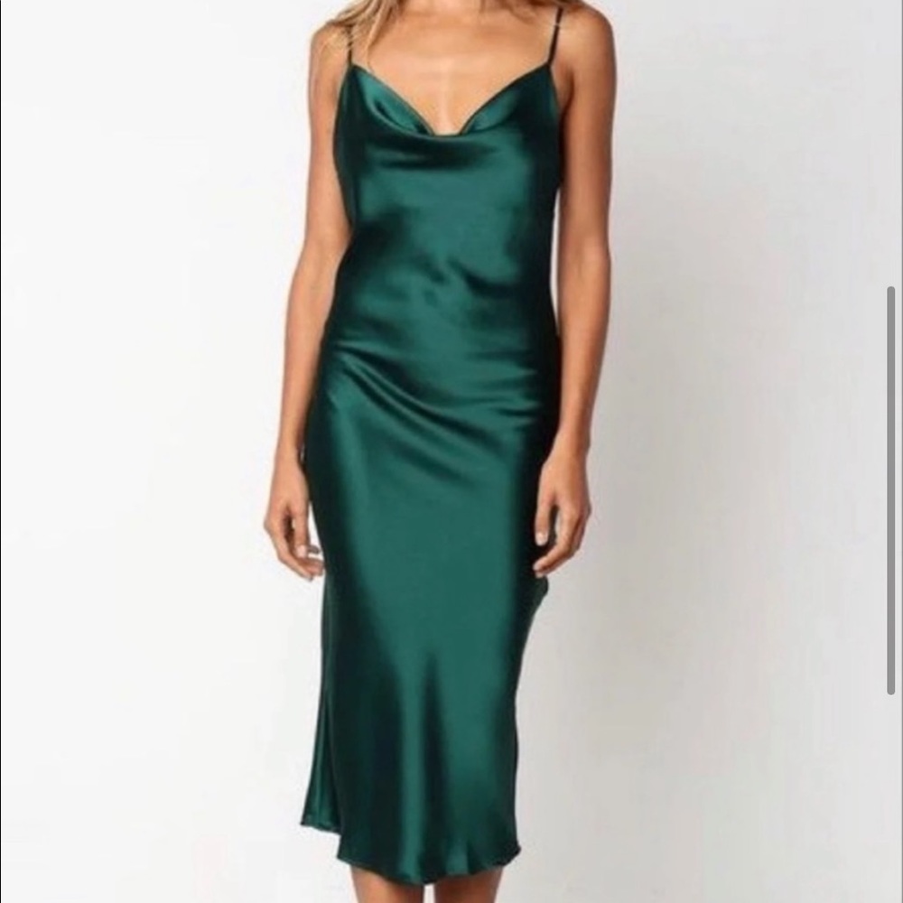 Zara emerald green midi satin dress size small blogger favorite